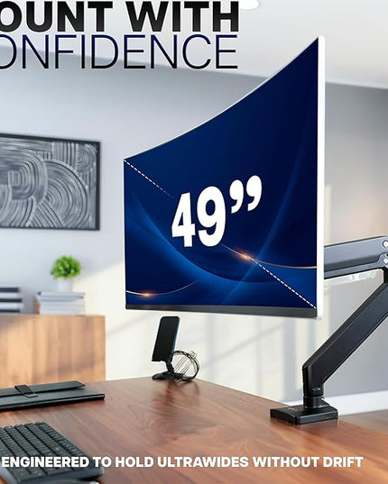 VIVO Premium Aluminum Monitor Arm for Ultrawide Screens up to 49 inches and 33 lbs, Heavy Duty Single Desk Mount, Pneumatic Height, Max VESA 100x100, Black, STAND-V101G1