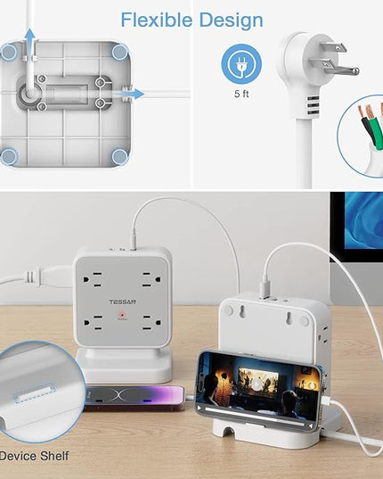 Power Strip Tower Surge Protector, TESSAN 8 AC Outlets with 3 USB (1 USB C Port), 5 FT Flat Plug Extension Cord with 900 Joules Protection, Desk Charging Station for Home Office Supplies, Dorm Room