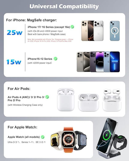 CloudValley 3-in-1 Magnetic Travel Wireless Charging Station, Qi2.2 25W Foldable Charging Stand with TEC Active Cooling Fan, Design for MagSafe iPhone 17/16, AirPods & Apple Watch（Adapter Included