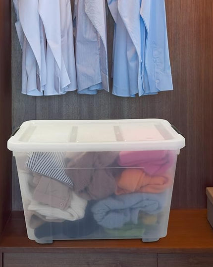 4 Packs 70L Large Plastic Storage Container with Wheels and Latching Lid, Stackable Storage Containers Bin, Clear