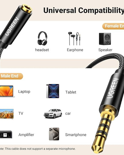 UGREEN Headphone Extension Cable 4 Pole TRRS 3.5mm Extension with Microphone Male to Female Stereo Audio Cable Gold Plated Nylon Braided Compatible with iPhone iPad Smartphones Media Players, 1.5FT