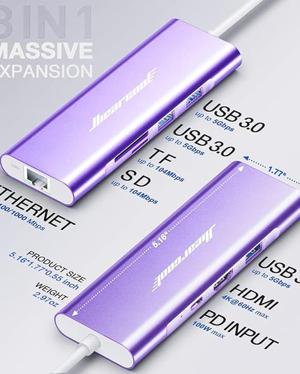 Hiearcool USB C Hub, USB-C Ethernet Dongle 4K@60Hz HDMI Multi-Port Adapter, USBC Docking Station Compatible for MacBook Dell HP Thunderbolt 3 4 Laptops-Purple