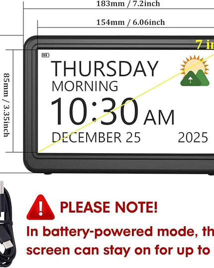 Clock with Day and Date for Elderly Battery Operated, Rechargeable Digital Calendar Clock with 12 Display Modes, 20 Alarms and Medicine Reminders, Dementia Clocks for Seniors Memory Loss Alzheimer's