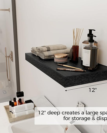 12 Inch Deep Black Floating Shelves, 24 x 12 Floating Shelf for Books, Rustic Wood Deep Wall Shelves for Home Storage & Display, 2" Thicked Shelves for Kitchen, Living Room, Bedroom, 1 Pack