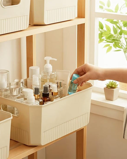 ANMINY 5PCS Plastic Storage Bins Containers with Lids, Large Storage Organization Bins Boxes, Lidded Plastic Storage Baskets for Closet Shelves Drawers Desktop Home Office, Ivory