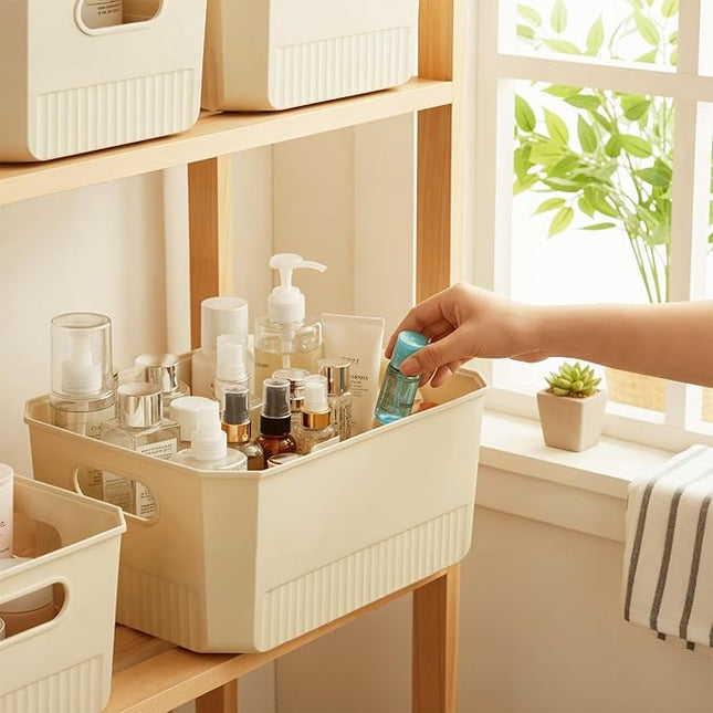 ANMINY 12PCS Plastic Storage Bins Containers with Lids, Large Storage Organization Bins Boxes, Lidded Plastic Storage Baskets for Closet Shelves Drawers Desktop Home Office, Ivory