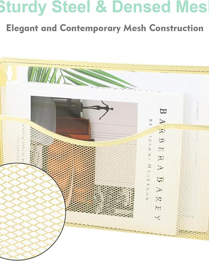 EASEPRES 3 Single Pocket Mesh Hanging File Organizer, Vertical Wall Mounted Magazine File Holder, Mount Basket Mail Paper Document Folder Organizing for Office, Home and School, Gold
