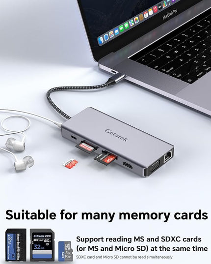 Getatek13-in-1 Docking Station with 4K HDMI,VGA,Ethernet,USB A 3.0 Data Port and USB C 5Gbps Port,100W PD Charging,SD/TF/MS Card Reader and 3.5MM Audior for MacBook, Acer, Laptops, Surface and More