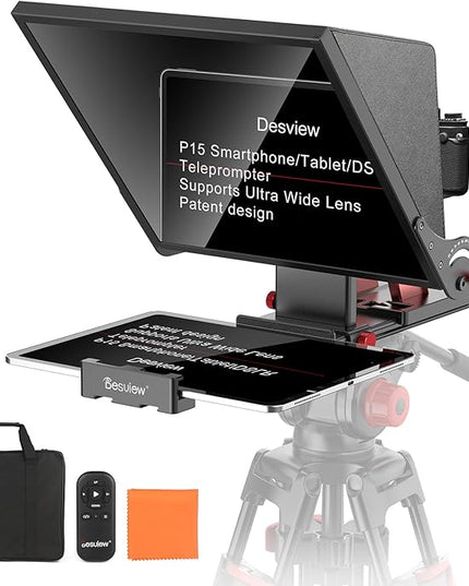 Desview P15 Teleprompter 15 inch Professional Prompter with HD Glass & Adjustable Mirror Compatible with DSLR Cameras Smartphones Tablets for Video Recording Live Streaming