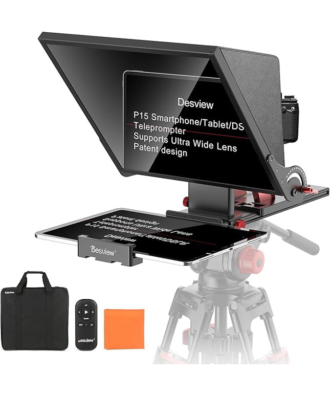 Desview P15 Teleprompter 15 inch Professional Prompter with HD Glass & Adjustable Mirror Compatible with DSLR Cameras Smartphones Tablets for Video Recording Live Streaming
