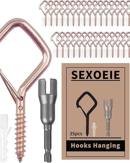 Sexoeie 35PCS Eye Screw Hooks for Hanging Heavy Duty with Safety Buckle.Metal Ceiling Hooks for Hanging Plants,Cup,Wind Chime,Bird Feeders,String Lights at Indoor&Outdoor,2.36 Inches Rose Gold