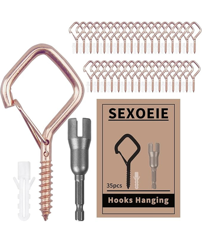 Sexoeie 35PCS Eye Screw Hooks for Hanging Heavy Duty with Safety Buckle.Metal Ceiling Hooks for Hanging Plants,Cup,Wind Chime,Bird Feeders,String Lights at Indoor&Outdoor,2.36 Inches Rose Gold