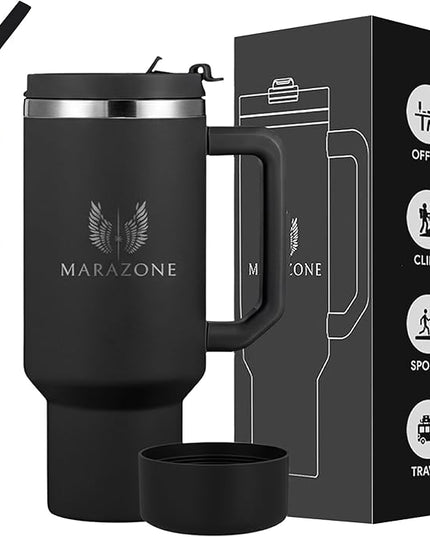 40 oz Insulated Tumbler with Handle and Straw – Stainless Steel Double Wall Vacuum Cup Fits Car Cup Holder, Hot Cold Travel Mug, BPA Free Reusable Water Bottle for Men Women - Midnight Black