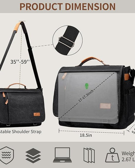 ESTARER Men's Messenger Bag 17.3 Inch Upgraded, Water-resistant Canvas Laptop Bag, Computer Shoulder Bag for College Travel Work, Dark Grey