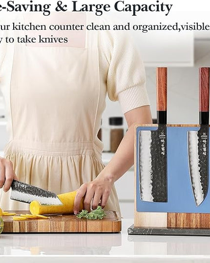 HEZHEN Double-sided Magnetic Knife Holder without Knives, Acacia Wood Knife Block with Leather Cover, Space-saving Knife Storage, Strong Enhanced Magnets Strip, Non-slip Marble Base