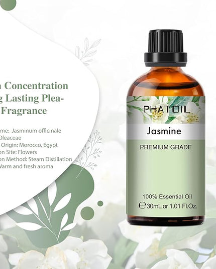 Jasmine Essential Oil 1.01fl.oz/30ml, PHATOIL Jasmine Oils Long Lasting Scents for Aromatherapy, Diffuser, DIY Soap and Candle Making