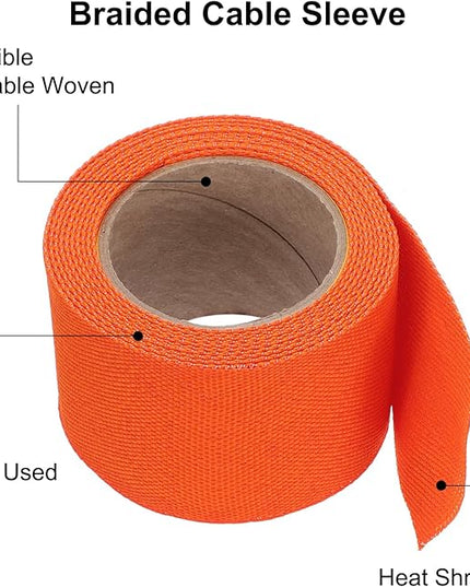 MECCANIXITY Braided Cable Sleeves Heat Shrinkable Fabric Sleeving, 1 9/16" 10ft Orange 2:1 Ratio Heat Shrinkable Cord Protector for Harness Cable, Network Cable Protection, Cable Management