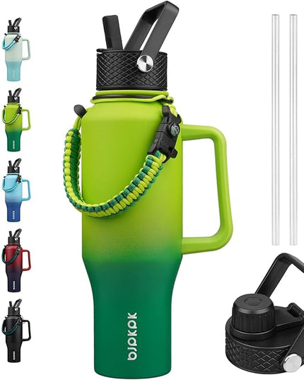 BJPKPK Insulated Water Bottles with Straw Lid, 35oz Metal Water Bottle with 2 lids & Paracord Strap, Double Wall Stainless Steel Tumbler with Handle, Reusable Cups, Mugs, Thermo, Bamboo Grove