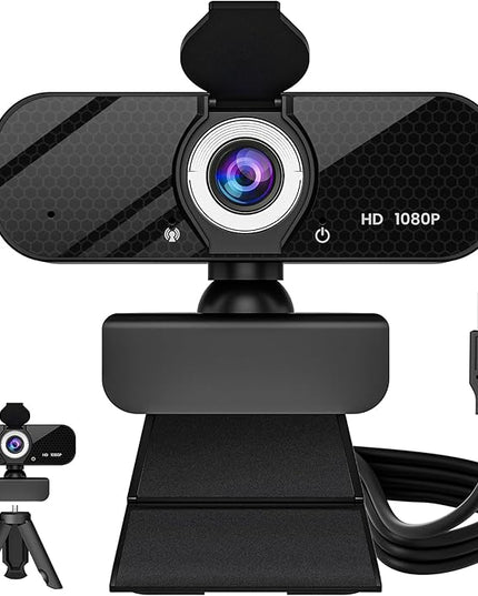 1080P HD Webcam with Built-in Microphone, Rotatable Tripod, Wide-Angle Lens,Privacy Cover, Auto Light Correction, Plug & Play USB-A Webcam for Laptop, Desktop, PC, Streaming-Black
