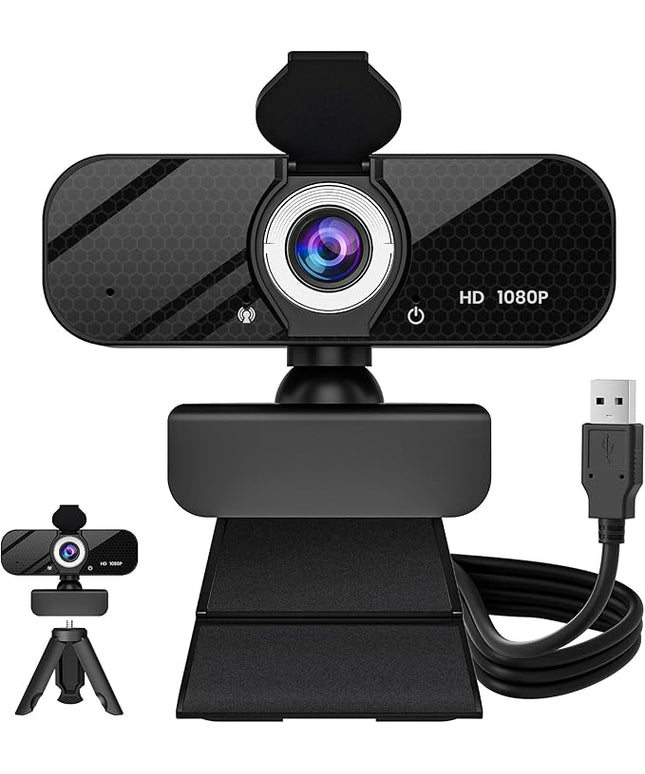 1080P HD Webcam with Built-in Microphone, Rotatable Tripod, Wide-Angle Lens,Privacy Cover, Auto Light Correction, Plug & Play USB-A Webcam for Laptop, Desktop, PC, Streaming-Black