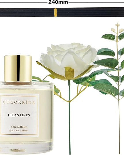Cocorrína Flower Reed Diffuser - Clean Linen 6.7oz Scented Diffuser with Sticks Home Fragrance Essential Oil for Bathroom Shelf Decor (Artificial Flower)