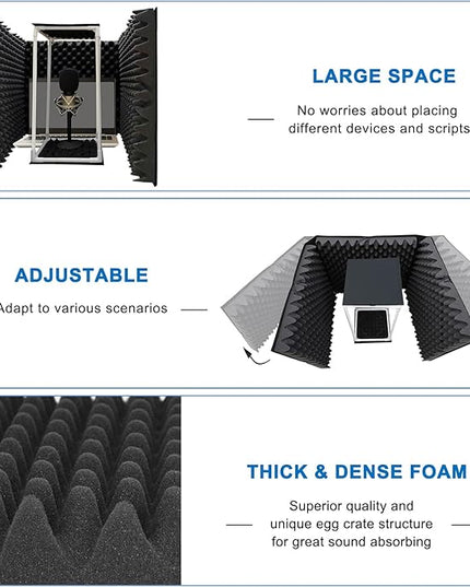 TroyStudio Large Microphone Isolation Shield, Foldable Vocal Booth Reflection Filter, 2 Inches Thick Acoustic Foam Panel Music Sing Podcast Recording Studio Adjustable Sound Box for Desk & Laptop