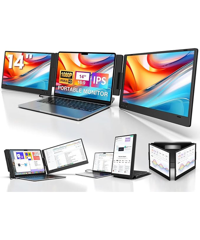 KYY Portable Monitor for Laptop, 14'' FHD 1080P USB-C Triple Screen Extender, Travel Monitor for Computer, Dual Screen for 12"-16" Laptop, X90A (Mac, Wins, Android)