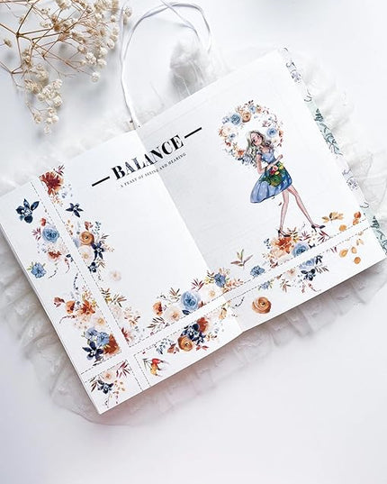 WT Dusty Blue & Cinnamon Wide PET Tape, Single Roll, Original Designs, Floral Decorative Tape, Transparent Craft Tape for Bujo Planner & DIY Supplies, Watercolor Flowers