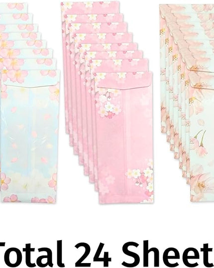 Japanese Cherry Blossom Envelopes 24 Pack (8 Pack x 3 Different Design Set), Made in Japan, Elegant Washi Paper, Self Sealing, Sakura