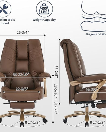 Big and Tall Executive Office Chair with Footrest, 400LBS Capacity Ergonomic High-Back Desk Office Chair with Lumbar Support, Padded Armrests & Thick Cushion, Brown PU Leather Chairs