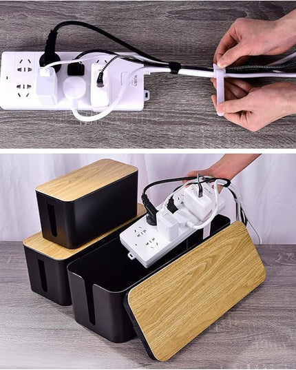 3 Pack Cable Management Box with 18 PCS Cable Management Set - Large & Medium & Small Wooden Grain Cable Organizer Box to Hide Wires & Power Strips | TV Cord Organizer Box | for Home & Office(Black)