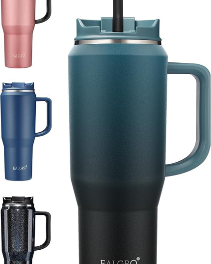 40 oz Insulated Water Bottle Jug with Straw and Handle, Large Metal Sport Water Flask, Stainless Steel Travel Coffee Mug Cup, Thermal Coffee Tumblers with Lid, Indigo Black