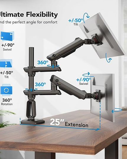HUANUO Dual Monitor Arm for 13-49" Ultrawide Screens up to 40 lbs, Heavy Duty Aluminum Extra Tall Monitor Desk Mount, Vertical Stacked Fully Adjustable Dual Monitor Mount, Max VESA 100x100