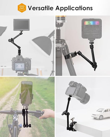 TARION Magic Arm with Super Clamp - 11in/28cm Adjustable Articulating Friction Camera Mount & Clamp with 1/4"" and 3/8"" Thread for LCD Monitor LED Light Flash Light Phone Action Cam, Black