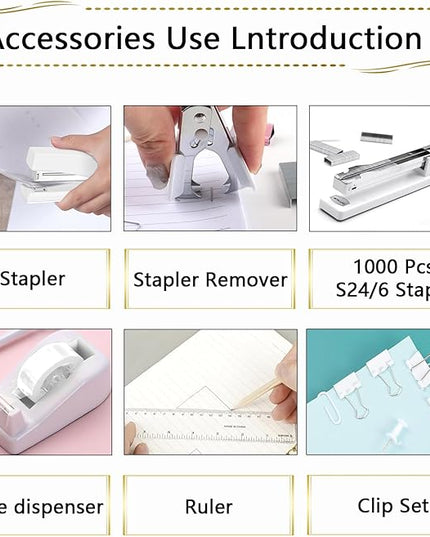 Office Supplies Set,Desk Accessories,Stapler and Tape Dispenser Set,1000 Staples,Staple Remover,Hinder Clips,Ruler,Scissor,Clear Tape,Ballpoint Pen,Sticky Notes,Gifts for Colleagues(White)