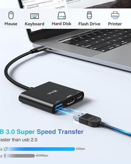 USB C to HDMI Adapter, USB-C Adapter with 4K HDMI,USB3.0,Type C PD Charge Port 4K Multiport Digital AV Converter for iPad Pro/air,MacBook Pro/air,Tablet,Switch and More USBC Device