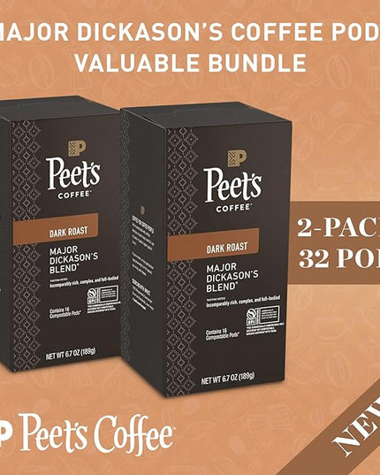 Peet’s Major Dickason’s Coffee Pods – 32 Count (2 Packs of 16) – Dark Roast with Bold, Rich Flavor and Smooth Finish – Compatible with Pelecom Coffee Machines – Peet’s Coffee Pods & Capsules