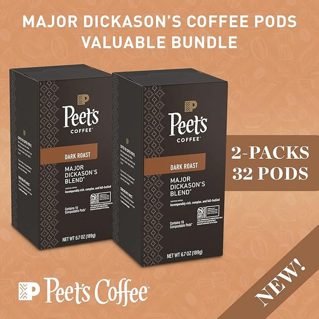 Peet’s Major Dickason’s Coffee Pods – 32 Count (2 Packs of 16) – Dark Roast with Bold, Rich Flavor and Smooth Finish – Compatible with Pelecom Coffee Machines – Peet’s Coffee Pods & Capsules