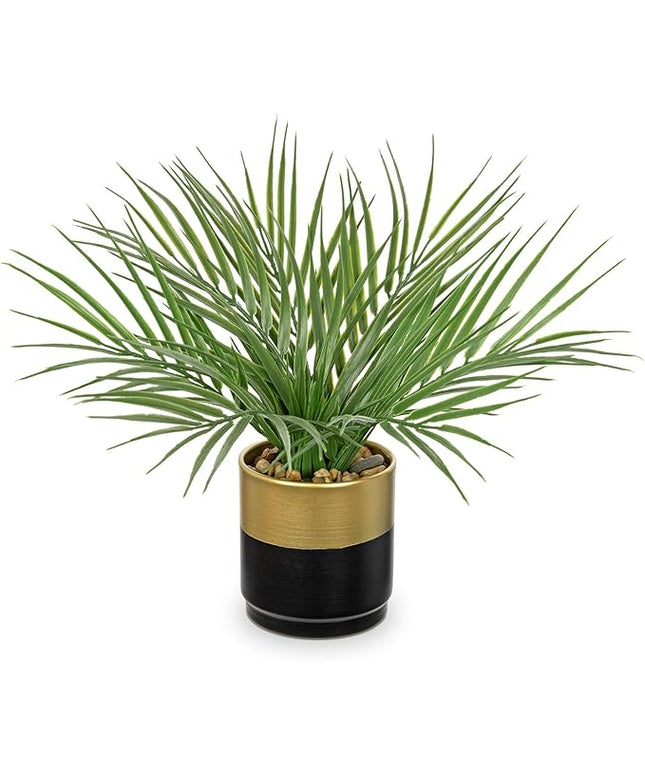 Hollyone Large Artificial Potted Plants Fake Palm Plants 13" Faux Tropical Palm Plant Tree in Gold and Black Metal Pots for Home Room Office House Indoor Decoration