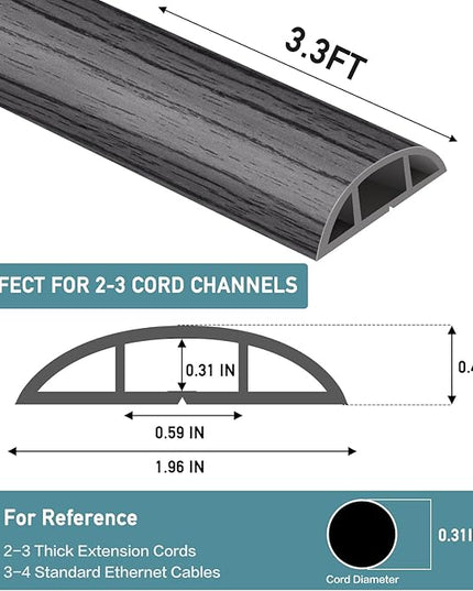 Floor Cord Cover Self Adhesive Cord Hider Floor Extension Cord Covers for Floor Power Cord Protector Cable Management Prevent Cable Trips Cable Cavity 0.59" W x 0.31" H (Deep Grey Wood, 3.3Ft)