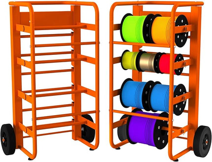 Tredre Wire Spool Rack with Wheels, Heavy Duty Cable Holder with 11 Rods – Mobile Multi-Spool Wire Rack Dispenser with Wheels and Storage Box for Efficient Workplace Cable Management, Orange
