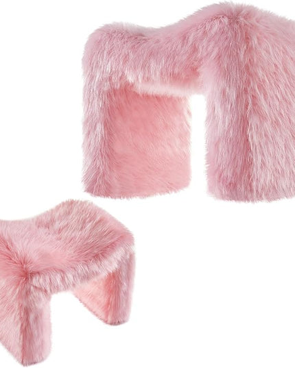Ottoman Set of 2 Small Footstool Ottoman Vanity Stool Chair Faux Fur Seating Backless Modern Foot Rest Furry for Makeup Room Living Room Bedroom Entryway,Pink(2-in-1)