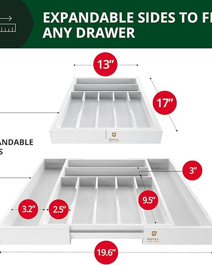 ROYAL CRAFT WOOD Luxury Bamboo Kitchen Drawer Organizer - Silverware Organizer - Utensil Holder and Cutlery Tray with Grooved Drawer Dividers for Flatware and Kitchen Utensils (9 Slot, White)