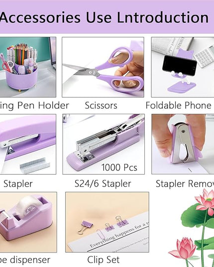 Office Supplies,Desk Accessories,with Stapler, Tape Dispenser,Desk Organizer,Folding Phone Holder,Pen,Journal Notebook,Scissor,Staple Remover,Staples,Clear Tape,Sticky Notes,Paper Clips,Bookmark,Ect