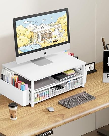 OPNICE Desk Organizers and Accessories, 2-Tier Computer Monitor Stand Riser with Drawer and 2 Pen Holders, Laptop Stand, Office Desk Accessories for Office Supplies, White Wood