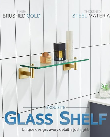 KOKOSIRI Wall Shelves Floating Shelf 16'' Stainless Steel Bathroom Hardware Tempered Glass Small Hanging Rack for Storage/Room Decor Gold B1105BG-L16