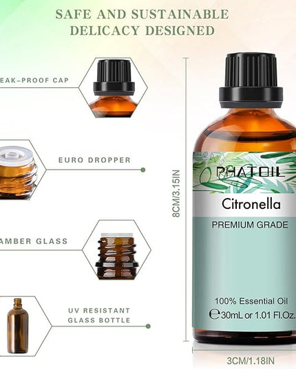 Citronella Essential Oil 1.01fl.oz/30ml, PHATOIL Premium Citronella Oils Long Lasting Scents for Aromatherapy, Diffuser, DIY Soap and Candle Making