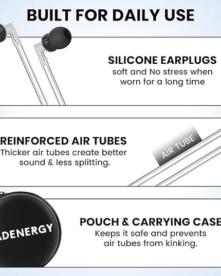 Airtube Headphones, EMF Free Earbuds, Air Tube Headphones with Zipper Bags, 3D Sound, Microphone Volume Control, for Work Meetings, Sleep, Gym, High Audio Quality Devices (3.5mm Jack)