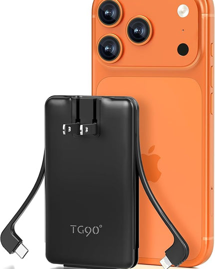 TG90° Ultra Slim 5000mAh Portable Charger Built-in Foldable AC Wall Plug and Cables, Pocket Size USB C Power Bank,External Battery Pack Compatible with iPhone 17 16 15 14 13 12 Android Devices iPad