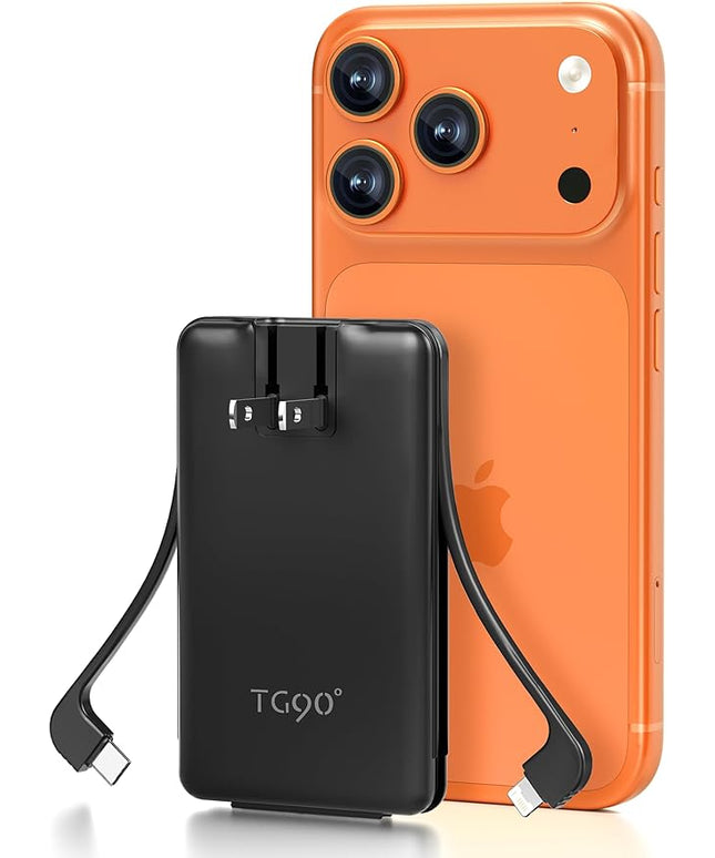 TG90° Ultra Slim 5000mAh Portable Charger Built-in Foldable AC Wall Plug and Cables, Pocket Size USB C Power Bank,External Battery Pack Compatible with iPhone 17 16 15 14 13 12 Android Devices iPad
